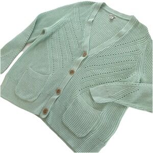 LL Bean Green Linen‎ Cotton Button Up Cardigan Sweater Size XL Pockets